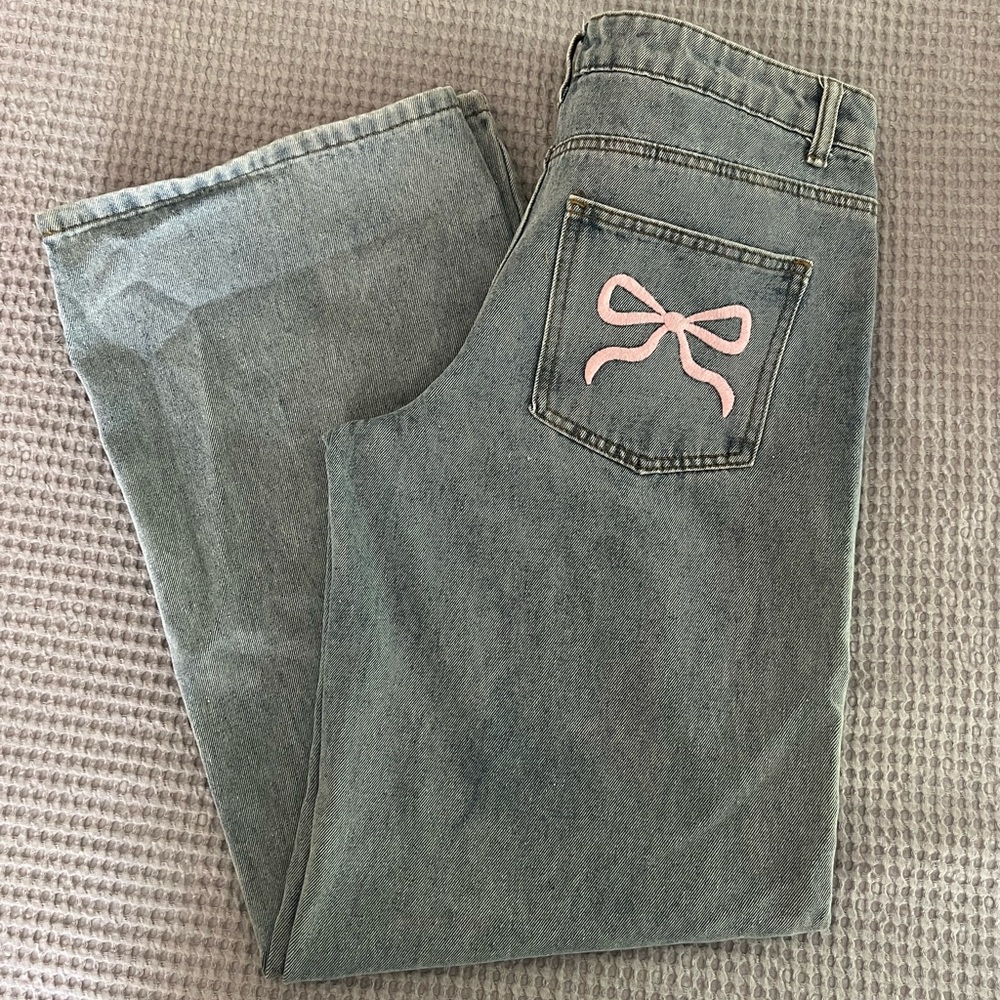 Edikted Blue and Pink Straight Leg Jeans with Bow Embroidery
